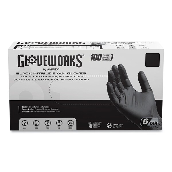 Gloveworks By Ammex Disposable Gloves, Exam Graede, 6 mil Palm, Nitrile, Powder-Free, 2XL, 1000 PK, Black GWBEN49100 - main